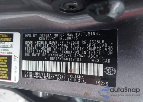 2016 Toyota Camry Se z USA, uszkodzony, nr VIN 4T1BF1FK9GU119184